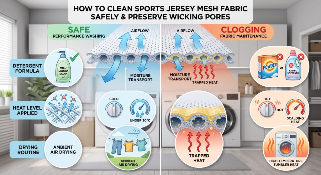 A split-screen infographic demonstrating how to clean sports jersey mesh fabric safely. The left side, labeled 'SAFE PERFORMANCE WASHING' in green, illustrates the use of mild liquid soap, cold water under 30C, and ambient air drying, visualizing open, breathing wicking pores. The right side, labeled 'CLOGGING FABRIC MAINTENANCE' in red, displays a red 'X' over fabric softener and powder detergent, hot scalding water, and high-heat tumbler drying, visualizing pores clogged by a waxy silicone coating, trapping heat.