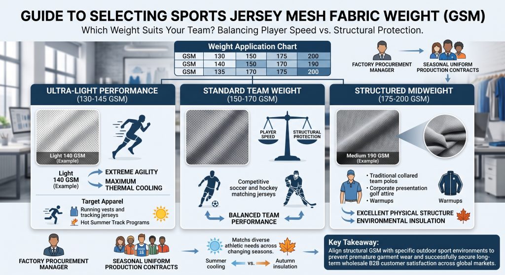 An infographic guiding B2B buyers and factory procurement managers on selecting sports jersey mesh fabric weight (GSM) to balance player agility and structural protection. It details three categories: Ultra-Light Performance (130-145 GSM) for track; Standard Team Weight (150-170 GSM) for soccer/hockey; and Structured Midweight (175-200 GSM) for polos and warmups, matching specific apparel uses and environmental needs like summer cooling versus autumn insulation. Includes diverse athletic department decision-making visuals.