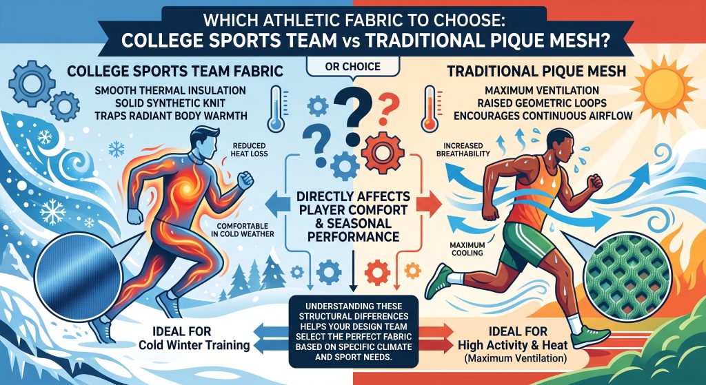 A logical infographic comparing college sports team fabric (for smooth thermal insulation in cold winter training) and traditional pique mesh (for maximum ventilation and continuous airflow in hot conditions), highlighting how structural differences impact player comfort and seasonal apparel performance.