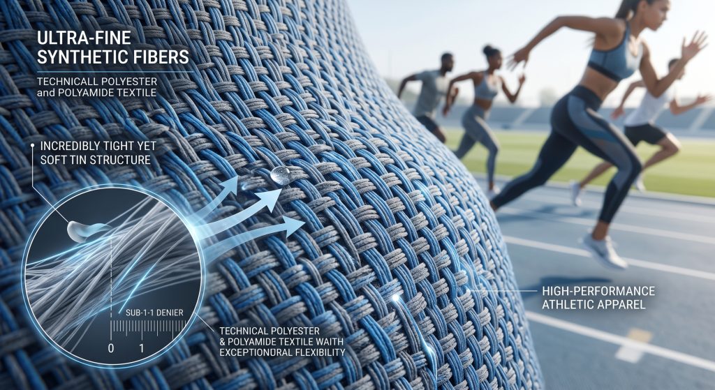 Close-up photograph of dynamic blue polyester microfiber fabric for sports with microscopic inset and running athletes.