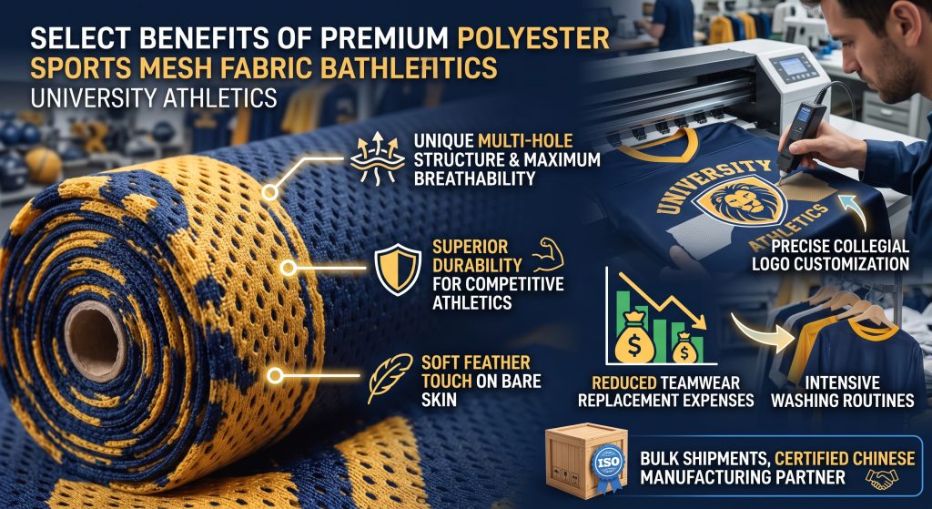 A detailed infographic photograph focusing on premium polyester sports mesh fabric. A magnified close-up reveals the tiny hexagonal breathable holes and tightly knitted structure. Callouts highlight key benefits: maximum breathability from the multi-hole pattern, superior durability for competitive sports, precise collegiate logo customization, feather-soft touch on bare skin comfort, and reduced replacement expenses through intensive washing resistance. Icons for airflow, shield, feather, and cost savings are visible. The image contextualizes the sourcing process for university athletic departments with a Chinese manufacturing partner.