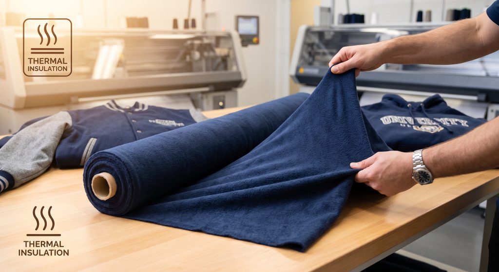 Close-up photograph of deep navy blue sports flannel fabric yard being stretched by a designer's hand to demonstrate its elasticity, highlighting the soft brushed texture and technical performance, with advanced circular knitting machinery in the blurred background.