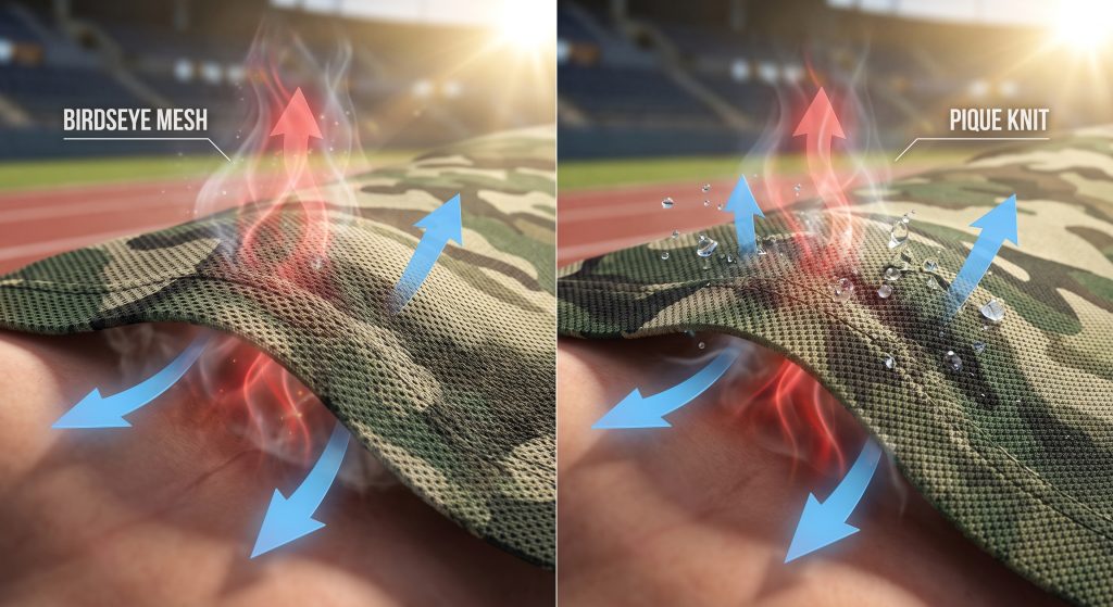 Macro photography visualization of how engineered Birdseye mesh and Pique knit camouflage sports team fabrics enable constant airflow and heat dissipation for athletic performance, showing micro-pores and illustrative arrows for cool air in and heat out.