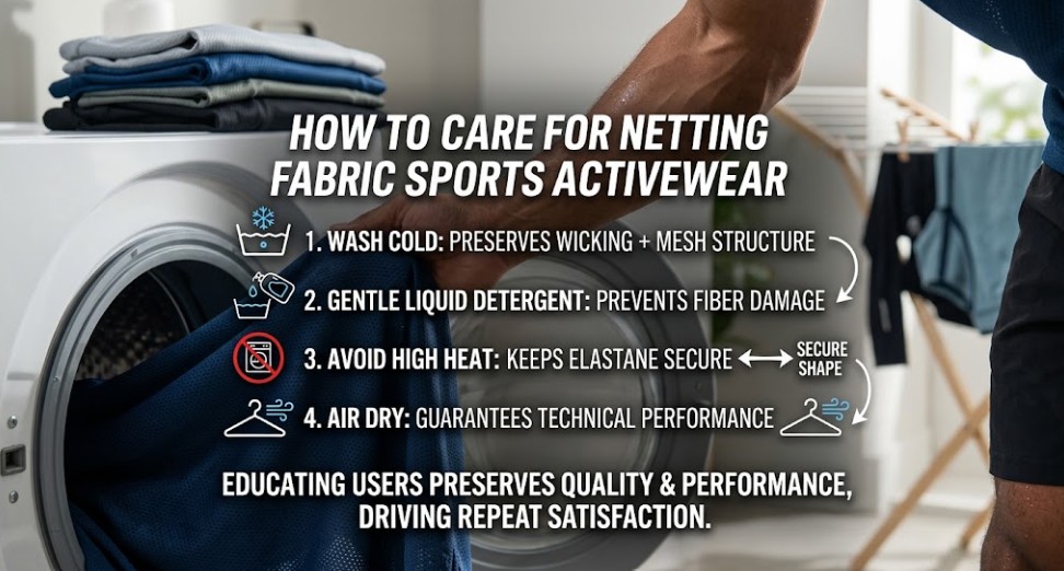 A professional side-by-side comparative visualization of the effects of proper versus improper laundry care on netting fabric sports mesh activewear. The left panel, labeled "CORRECT CARE: Preserves Wicking + Open Structure," shows technical mesh maintaining defined, clear wicking channels and a defined warp-knit cell structure. The right panel, labeled "IMPROPER CARE: Causes Warping + Clogged Residue," visualizes clogged mesh pores, distorted fibers, and warped elastane core threads, leading to irreversible shape deformation and performance loss. Inset diagram highlights a clean vs. clogged microscopic view.