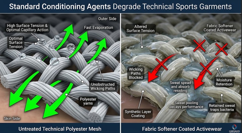 A microscopic side-by-side comparative illustration of untreated technical polyester mesh versus fabric with a softener coating residue. The left panel shows clean fibers, sweat beading high, and optimal wicking with green arrows. The right panel visualizes a visible synthetic residue film clogging pores, sweat pooling, and red crossed out arrows indicating wicking paths blocked and moisture retention.