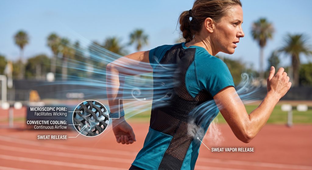 A microscopic and comparative visualization illustrating how netting fabric sports mesh enables rapid convective air circulation to lower body temperature. It shows open mesh pores allowing airflow on the left and specialized wicking zones trapping sweat vapor on the right, contrasted against standard fabric that blocks ventilation and retains dense humid air.