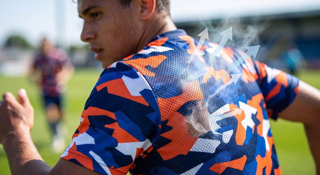 A close-up photograph of an athlete mid-competition, focusing on the specialized birdseye mesh pattern of their custom sports jersey. Concept visualization shows body heat and moisture vapor actively escaping through the open-cell ventilation pathways of the technical fabric knit.