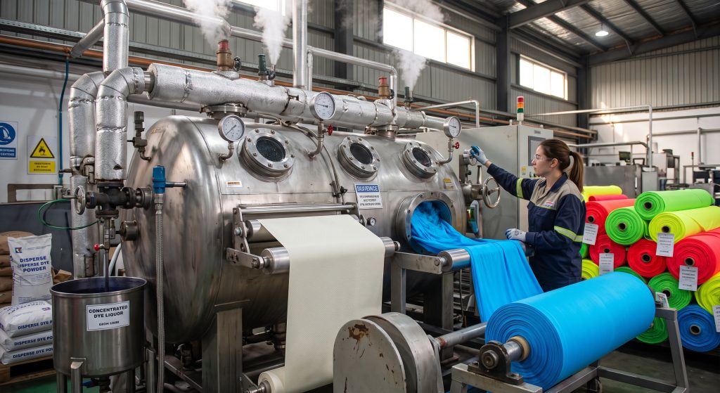 Industrial photograph showing a large pressurized jet dyeing machine processing off-white synthetic microfiber into vibrant neon blue for sports uniforms. High temperature pipes, gauges, and multi-colored finished fabric rolls are visible in a factory setting.