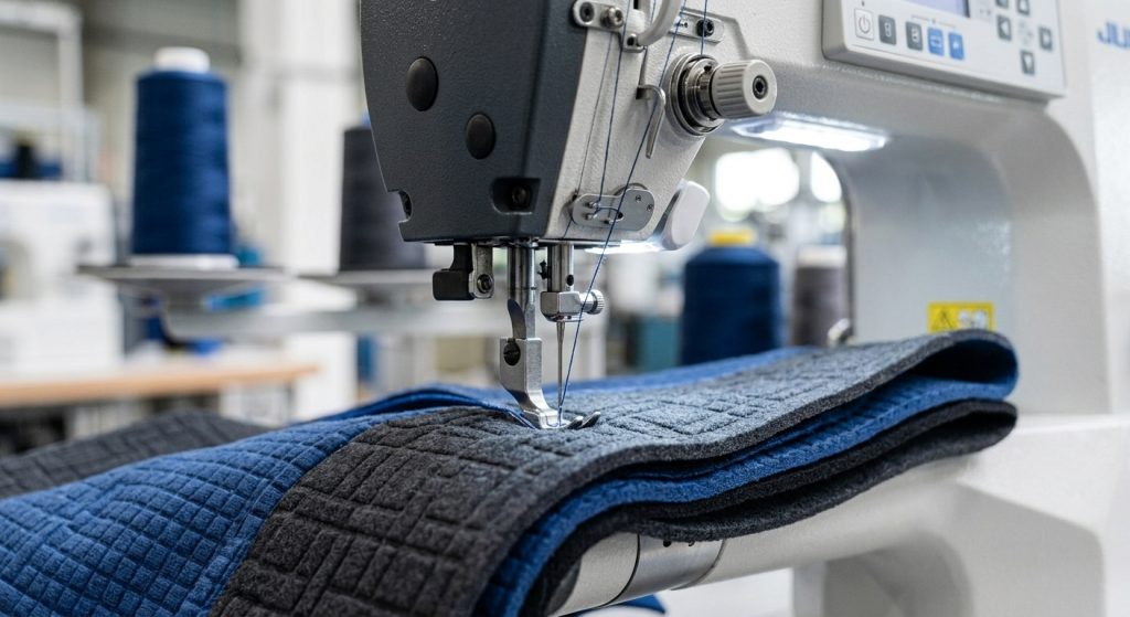 A close-up view of a computerized industrial sewing machine stitching multi-layered blue and grey geometric grid sports fleece fabric by the yard with precise needle penetration.