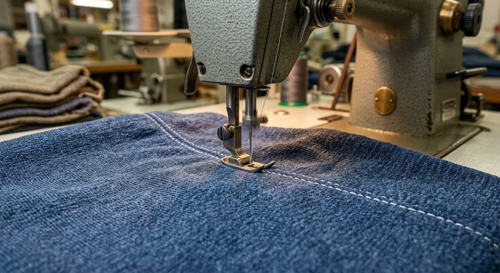 A detailed macro photograph shows an industrial sewing machine head actively stitching textured blue activewear fabric with white thread in a textile factory setting.
