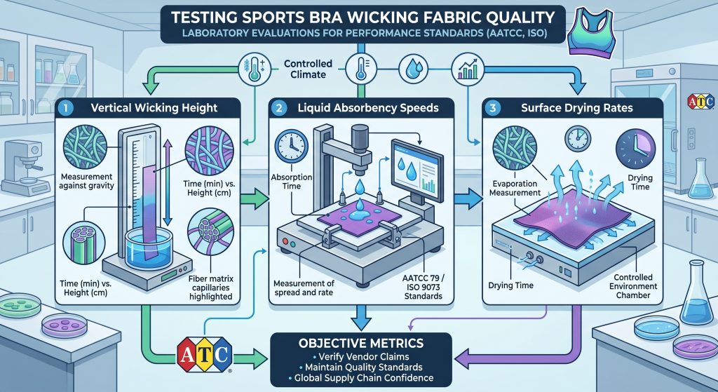 A modern laboratory infographic illustrating standardized evaluations for testing sports bra wicking fabric quality. The visualization is divided into three main process panels: 1. Vertical Wicking Height (measuring moisture transport against gravity with time and distance scales), 2. Liquid Absorbency Speeds (measuring drop absorption time and spread with specialized sensors), 3. Surface Drying Rates (measuring evaporation in a controlled environment chamber). The whole setup references 'AATCC & ISO Standards' and mentions 'Controlled Climate Conditions.' It concludes with benefits: 'Objective Metrics,' 'Verify Vendor Claims,' and 'Maintain Quality Standards.'