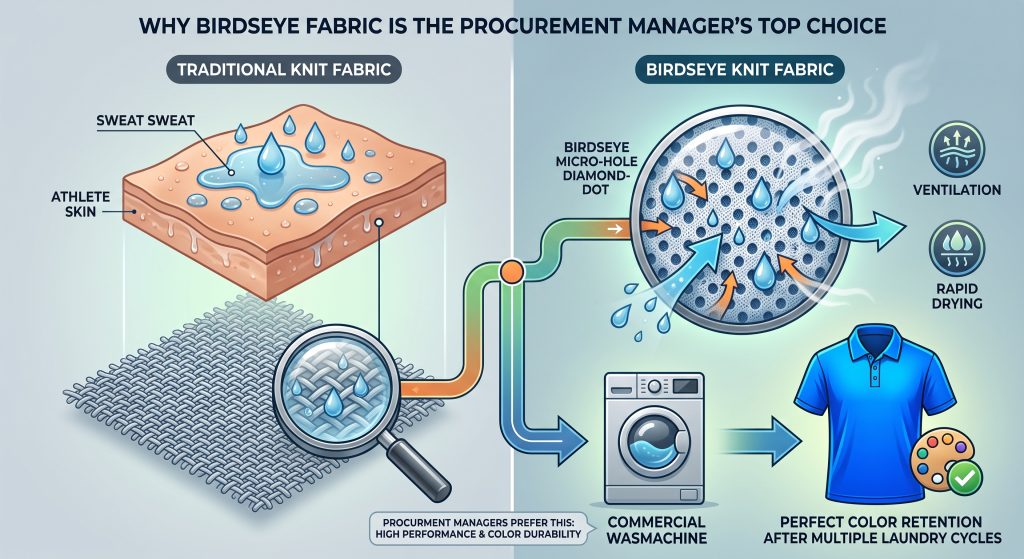 An infographic comparing traditional mesh to birdseye knit fabric, illustrating the micro-hole ventilation, rapid sweat wicking, and excellent color retention after commercial laundry cycles, specifically for procurement managers.