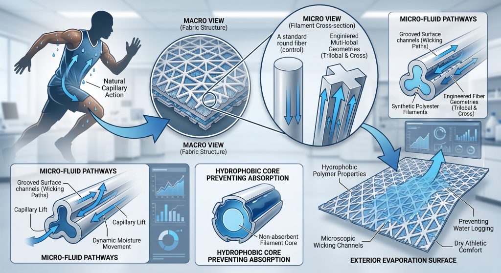 A detailed technical diagram illustrating how jersey mesh polyester sports fabric uses capillary action to wick moisture through multi-grooved, trilobal-shaped synthetic filaments, preventing water logging while spreading sweat across the exterior face for rapid evaporation and athletic comfort.