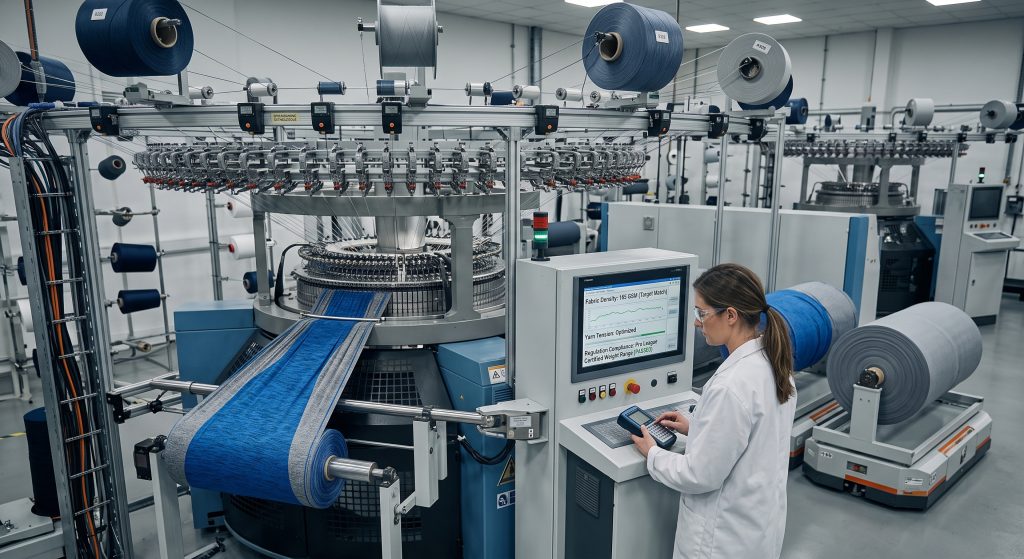 A photograph from a modern textile factory, focusing on automated tension control and weight verification machinery used to manufacture premium licensed sports fabric that complies with professional athletic weight regulations.