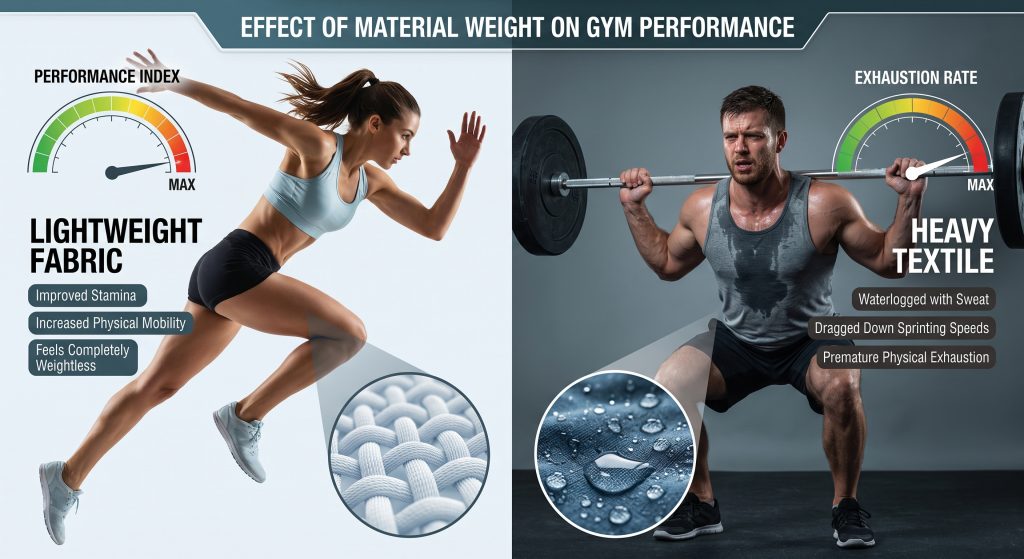 A split photorealistic image comparing a fast runner in lightweight, airy fabric versus a struggling, sweaty lifter in heavy, waterlogged fabric, with infographic performance metrics.