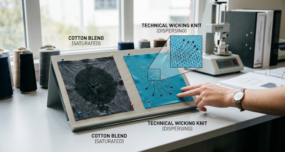 A candid laboratory photograph taken inside a modern textile engineering lab, displaying a specialized wicking testing jig with two distinct [sports fabric panels] samples. On the left, a traditional cotton blend is visibly saturated and dark with applied water, while the high-performance technical knit on the right is vibrant and dry, with tiny water beads rapidly dispersing and vanishing along intricate microscopic capillary action grooves, clearly demonstrating moisture wicking. A magnified inset with fine arrows marks the outward movement, emphasized by two pointing fingers of a hand. Soft natural daylight illuminates the practical test setup and the process. Other technical equipment and binders are blurred in the background.