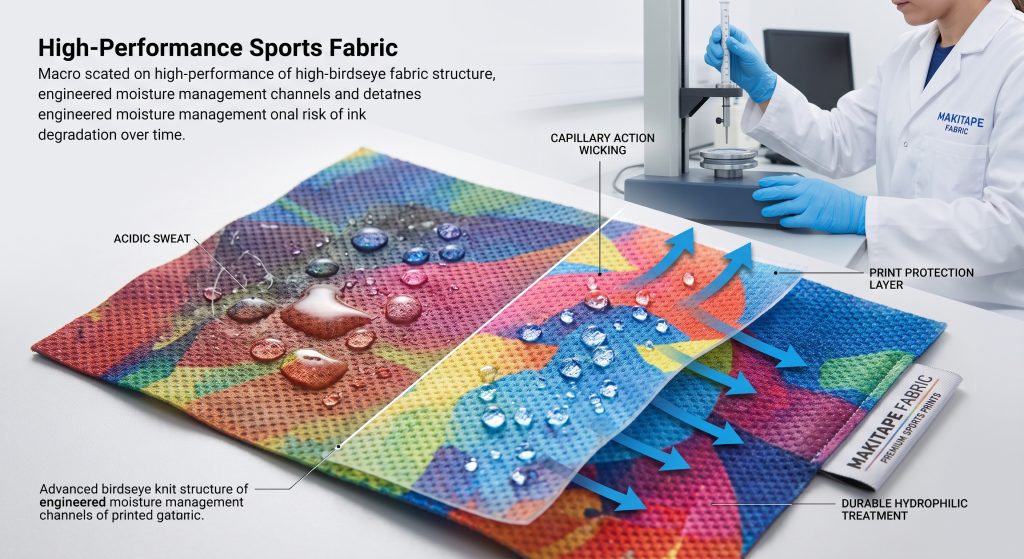 A technical B2B photograph demonstrating how advanced capillary action wicks moisture away from a printed graphic on sports fabric, protecting the ink from acidic sweat degradation. Includes labels for "MAKITAPE FABRIC" and technical wicking processes.