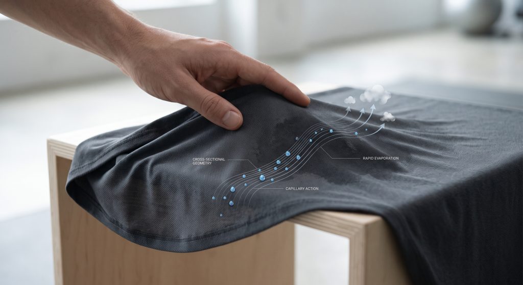 A close-up photograph illustrating a hand touching advanced moisture-wicking sports wear fabric. An integrated minimalist graphic overlay details the process of moisture being drawn away from the skin through capillary action via specific yarn geometries to the outer surface for rapid evaporation. Small labeled technical details are woven into the fabric design, including 'CROSS-SECTIONAL GEOMETRY', 'CAPILLARY ACTION', and 'RAPID EVAPORATION'.