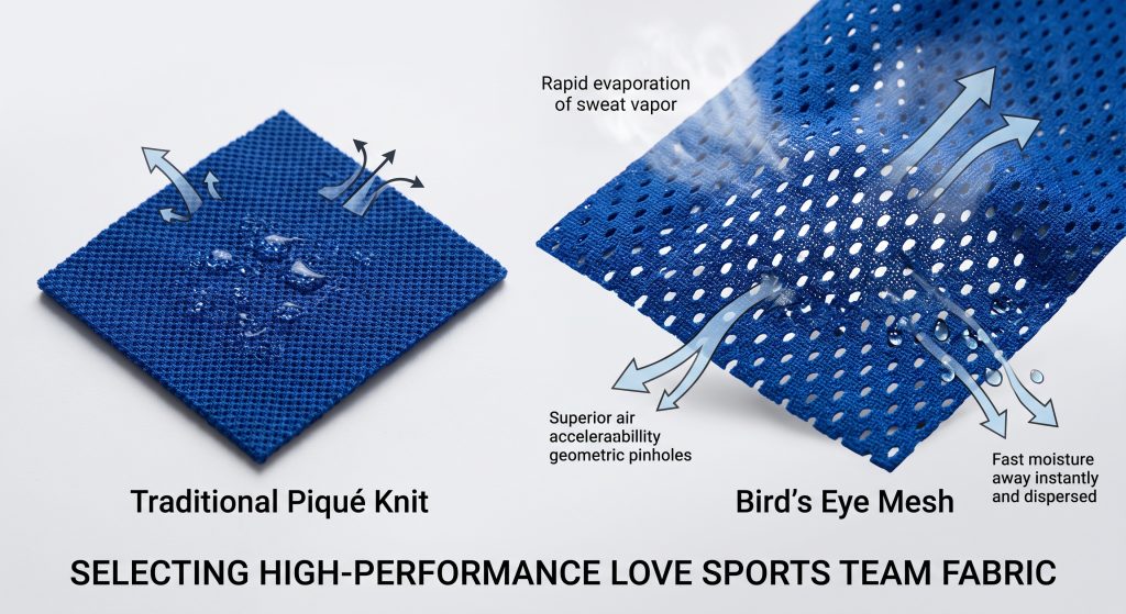 A macro comparison photograph showing traditional dense piqué knit (left) with pooling sweat and limited air flow, and open geometric pinhole bird's eye mesh (right) demonstrating superior moisture wicking and rapid air permeability for athletic love sports team fabric.