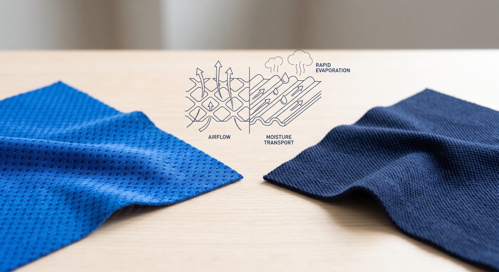 A minimalistic, bright studio photograph displaying a cobalt blue birdseye mesh fabric swatch illustrating 'AIRFLOW' via arrows passing through geometric channels, and a navy blue pique knit swatch demonstrating 'MOISTURE TRANSPORT' through parallel cords.