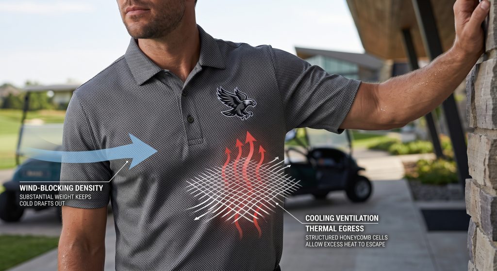 A close-up comparative view of a premium grey birdseye sports mesh polo shirt featuring a raised geometric honeycomb pique weave, worn by an athlete on a golf patio. The image contrasts the material's ability to block cold drafts with integrated ventilation pathways. Small, transparent graphical overlays and labels show white heat waves rising with STRUCTURED HONEYCOMB CELLS ALLOW EXCESS HEAT TO ESCAPE and a blue arrow indicating wind labeled WIND-BLOCKING DENSITY KEEPS COLD DRAFTS OUT.