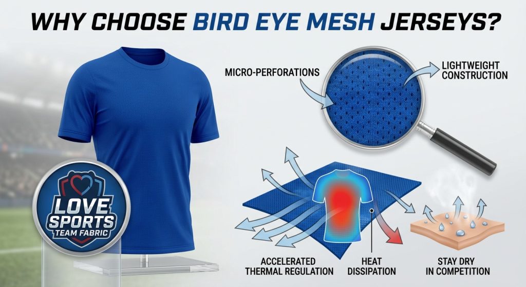 A detailed technical product display of a royal blue Bird Eye Mesh high-intensity sports jersey, labeled 'Love Sports Team Fabric'. The image uses a magnifying glass to show micro-perforations, a thermal graphic of accelerated regulation, and sweat evaporation from the skin to illustrate reduced garment weight and athlete dry comfort during relentless competition.