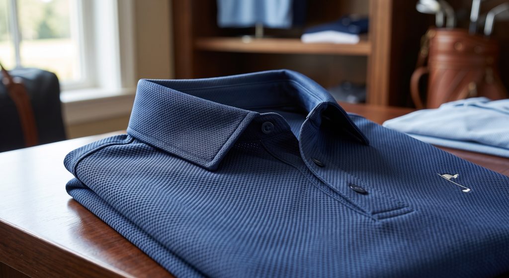 A close-up photograph of a premium navy blue pique knit golf polo shirt, neatly folded to highlight the crisp collar and structured placket texture.