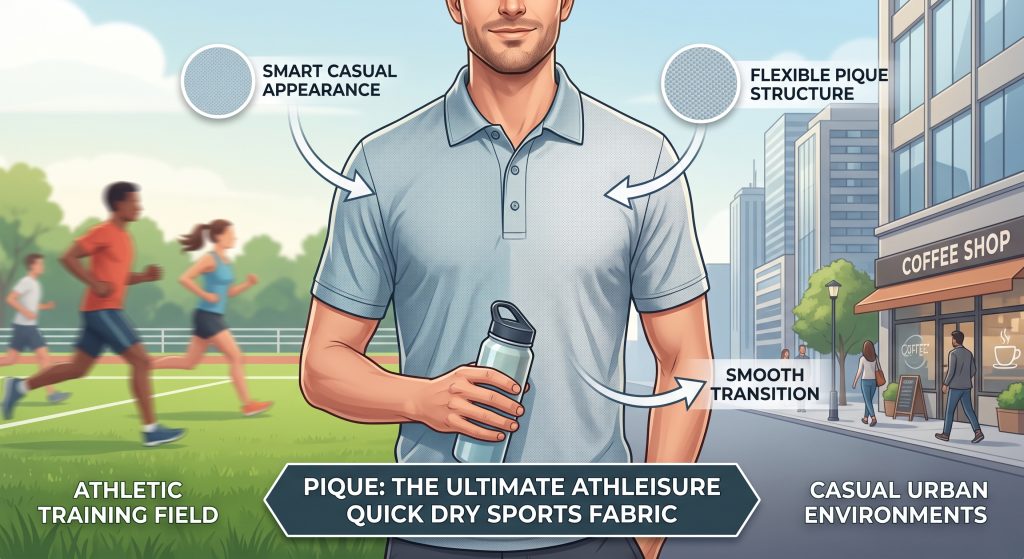 An illustrative graphic showing a man wearing a smart casual polo shirt made of flexible pique quick dry sports fabric. The background seamlessly transitions from an athletic training field on the left to a modern urban cityscape on the right, highlighting the versatile nature of pique fabric for athleisure wear and its 'smart casual appearance' in both environments.