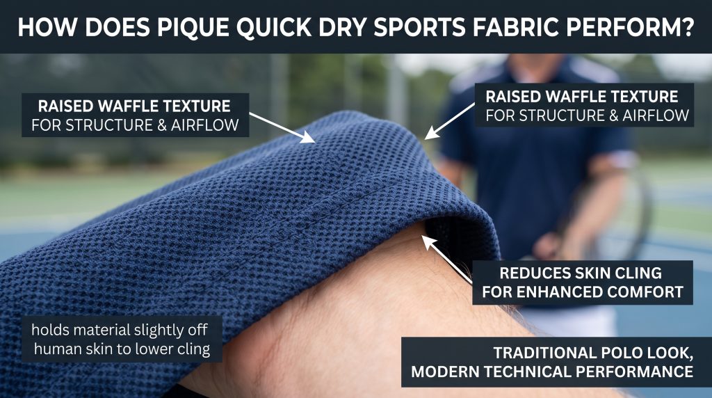 High-quality close-up photograph illustrating the performance of pique quick dry sports fabric, showing the raised waffle texture creating an air gap to reduce skin cling, with technical annotations defining its structured properties for sports polos.
