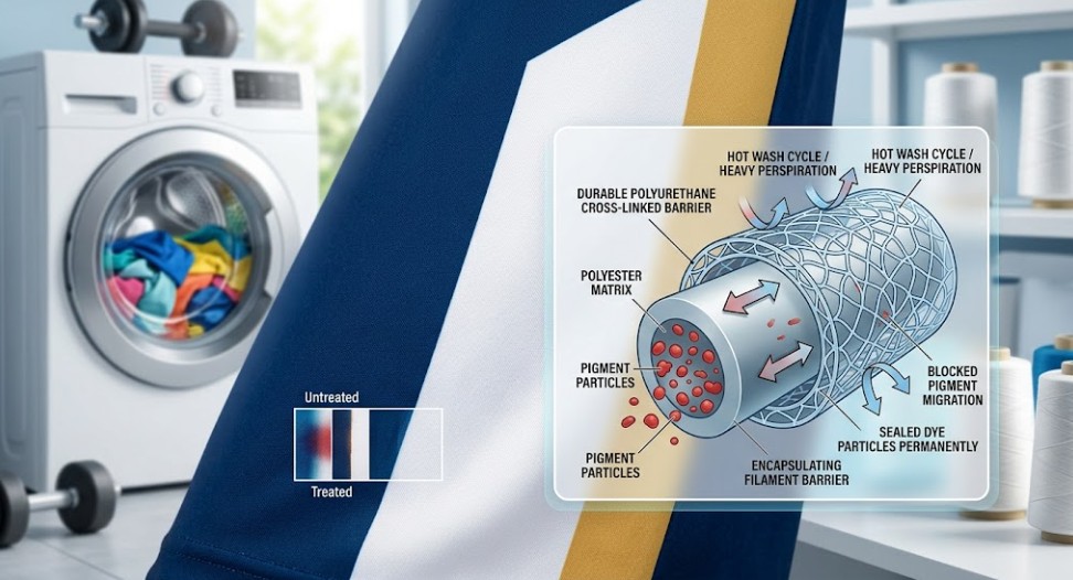 A technical infographic diagram demonstrating how polyurethane cross-linked coatings lock pigment particles inside sports fabric material to block color migration during hot wash cycles.