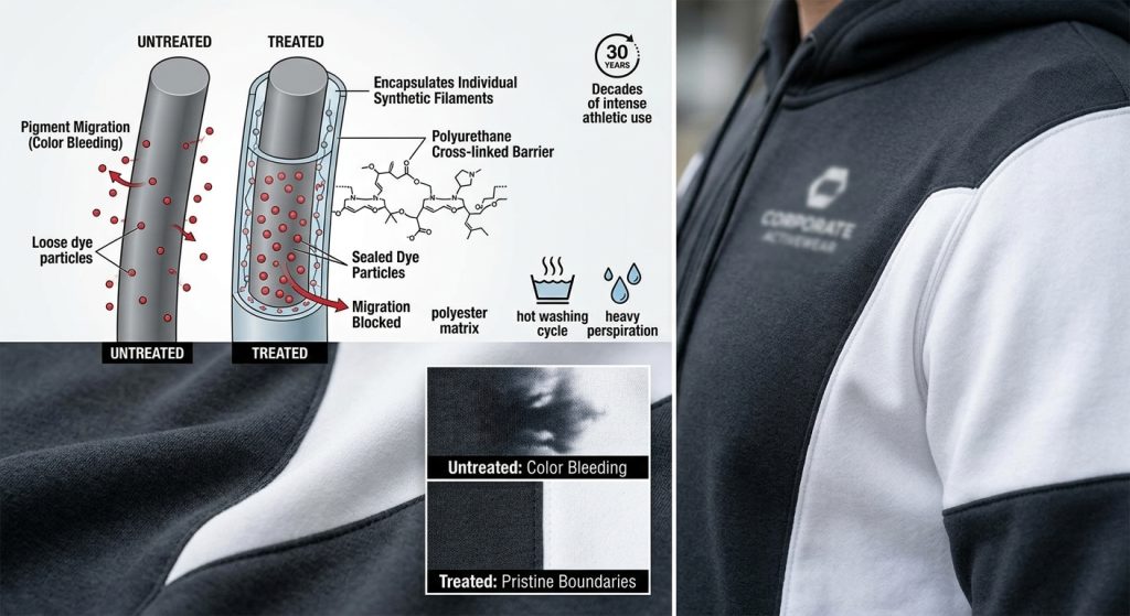 Technical infographic showing how polyurethane cross-linked barriers encapsulate synthetic filaments in sports fleece fabric by the yard to permanently seal dye particles and prevent color bleeding during hot washing cycles.