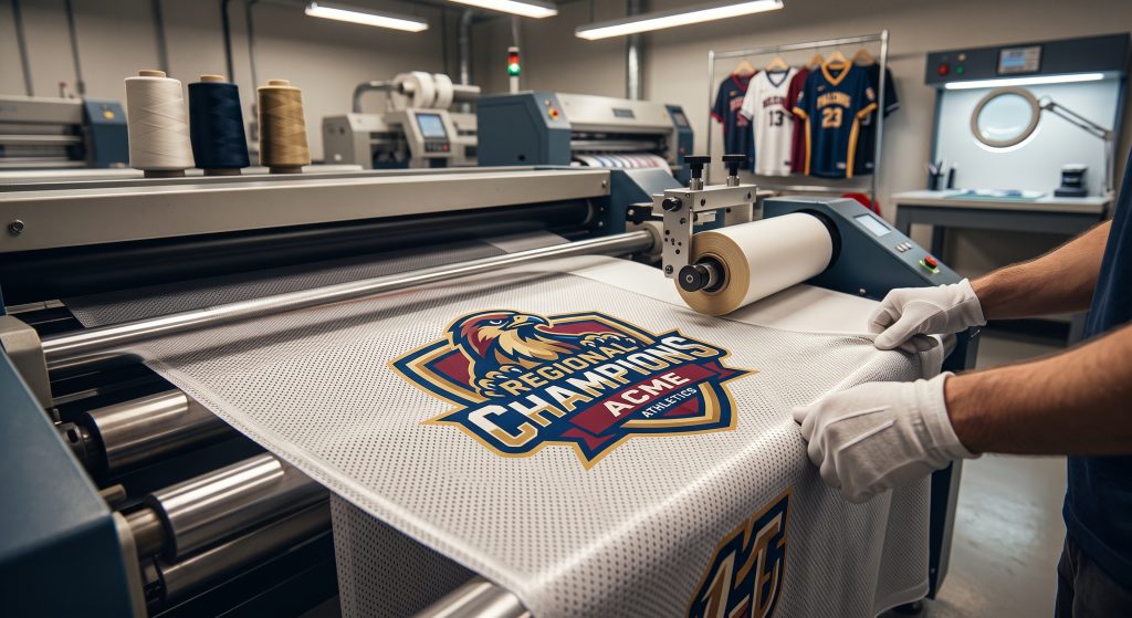 A close-up, photorealistic view of a complex, vibrant regional champions sports graphic being heat pressed onto fine-weave high-filament polyester athletic mesh, demonstrating precise dimensional stability in a manufacturing setting.