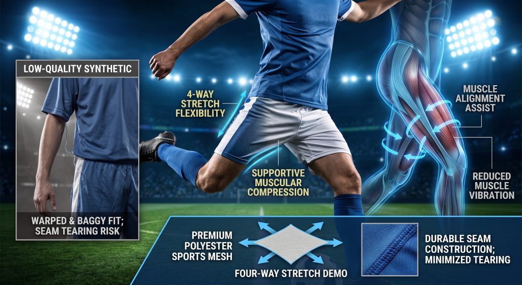 A composite infographic photograph comparing a sagging, low-quality synthetic sportswear garment with high-performance polyester sports mesh. The mesh fabric demonstrates four-way stretch flexibility and supportive muscular compression during dynamic athlete movement, with an anatomical visualization showing assisted muscle alignment. The setting is a professional stadium at night under bright stadium lights.
