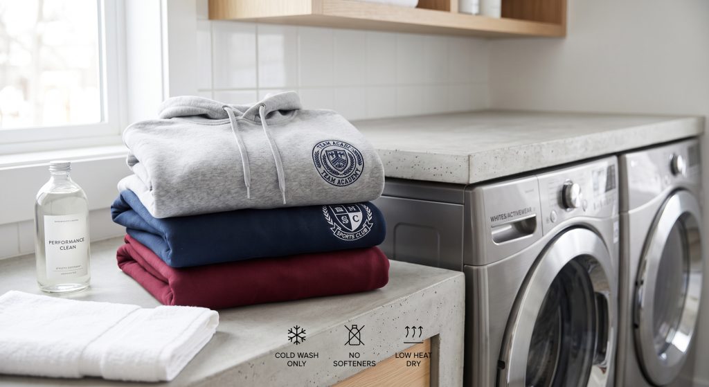 A close-up photograph of three premium athletic hoodies neatly stacked on a concrete laundry counter. The heather grey, navy blue, and burgundy fleeces each display subtle care icons etched into the stone surface—'COLD WASH ONLY', 'NO SOFTENERS', 'LOW HEAT DRY'—illustrating the exact laundering instructions for sports wear fabric. An unscented detergent bottle sits nearby, emphasizing functional performance and sensory comfort in athletic gear design. The clean lighting highlights the tactile fleece textures.