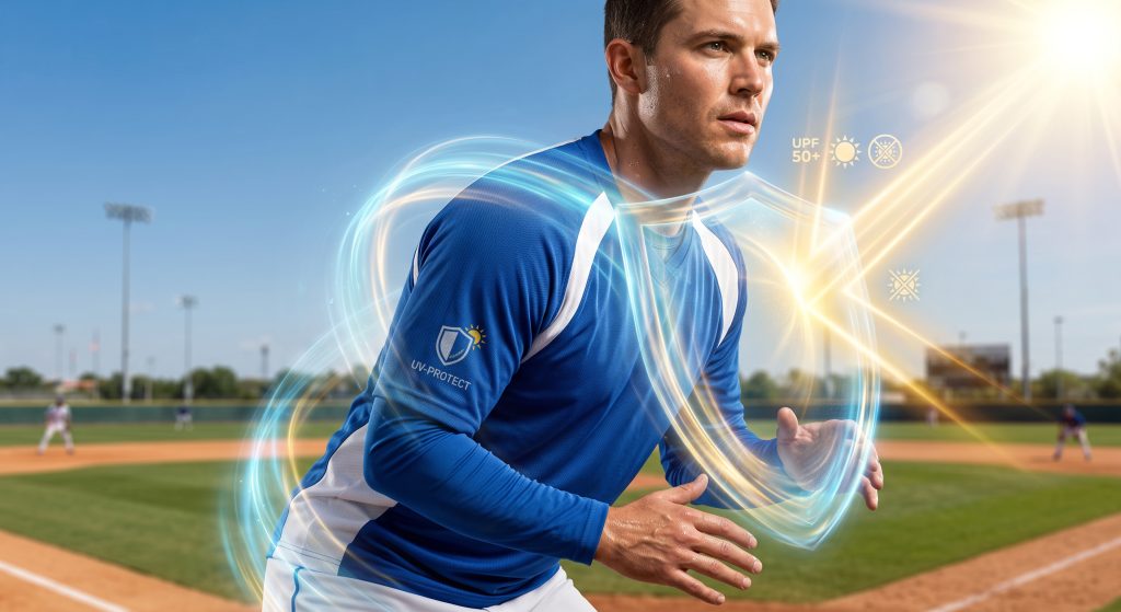 Close-up photo of a baseball player in a custom royal blue and white long-sleeved jersey made of high-purity polyester. A visual effect shows a transparent UV-protect shield layer deflecting bright sunlight, demonstrating fabric sun protection during a game.