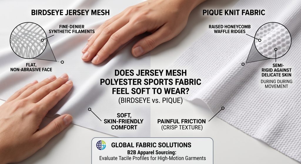 A side-by-side photo comparison of Birdseye jersey mesh and Pique knit polyester sports fabrics. A hand brushes the smooth Birdseye swatch on the left, labeled with "FINE-DENIER FILAMENTS" and "SOFT, FLAT SURFACE," contrasted with the crisp, textured Pique swatch on the right, labeled with "RAISED HONEYCOMB RIDGES" and "SEMI-RIGID HANDFEEL," showcasing the distinct tactile profiles for apparel sourcing managers.