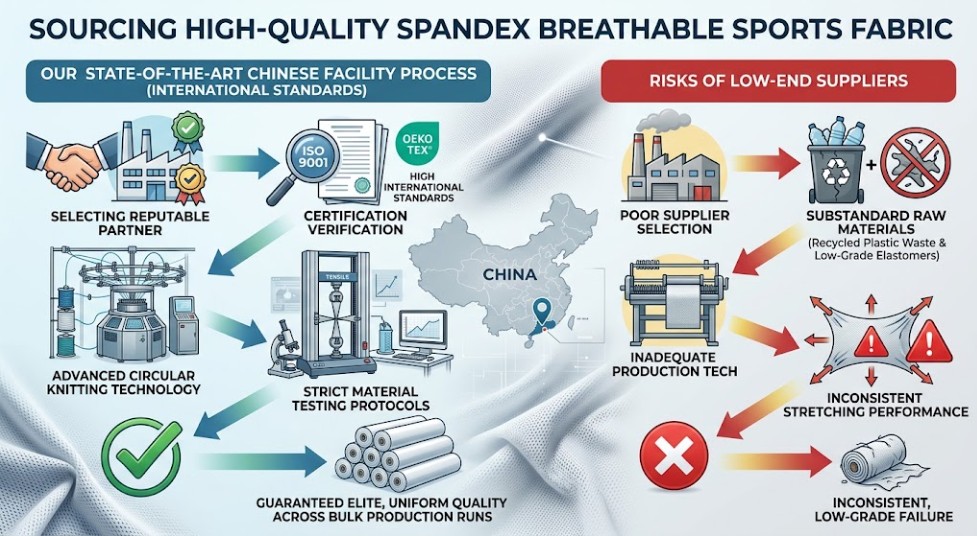 A technical diagram comparing sourcing quality spandex breathable sports fabric. The left column (green) shows positive steps: Partner with Reputable Manufacturers, Verify Quality Control Certifications, utilize Advanced Circular Knitting Technology, and Strict Material Testing Protocols, leading to Guaranteed Elite Uniform Quality. The right column (red) shows risks of poor sourcing: Low-End B2B Suppliers using Substandard Raw Materials (Recycled Plastic Waste & Low-Grade Elastomers) and Inadequate Production Tech, resulting in Inconsistent Stretching Performance and Low-Grade Failure.