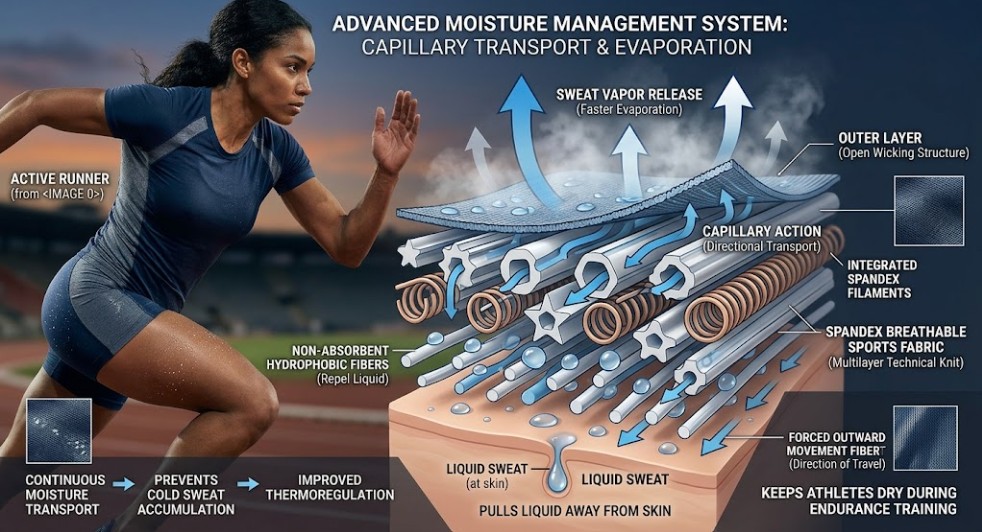 A technical diagram illustrating how spandex breathable sports fabric manages moisture. Arrows show liquid sweat moving from the skin through capillary action channels and hydrophobic fibers in an engineered knit toward the outer evaporation layer and atmospheric air. The process prevents cold sweat accumulation and supports thermoregulation, keeping an athlete (like the runner from image_2.png in the background) dry during intense training.