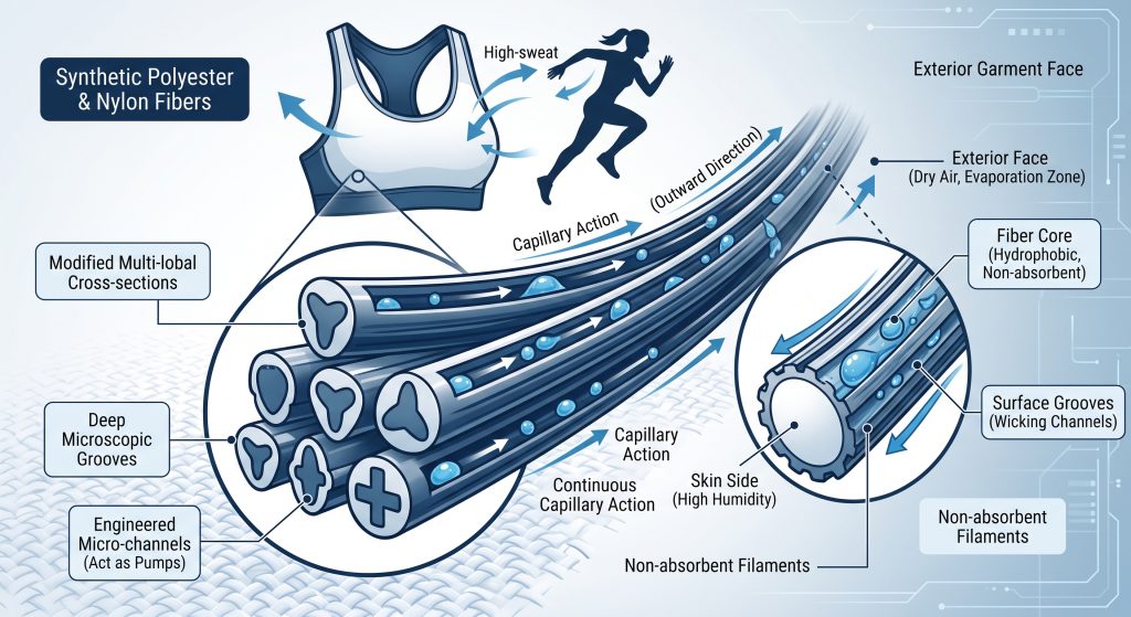 A diagram illustrating how synthetic polyester fibers in a sports bra use capillary action to wick sweat through deep microscopic grooves along modified multi-lobal filaments, drawing moisture to the exterior face while keeping the core non-absorbent.