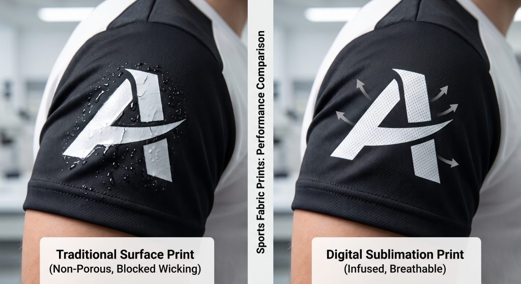 Side-by-side comparison of sports fabric prints. Left panel shows thick, cracked traditional screen print blocking moisture wicking; right panel shows breathable digital sublimation print infused into athletic fabric filaments.