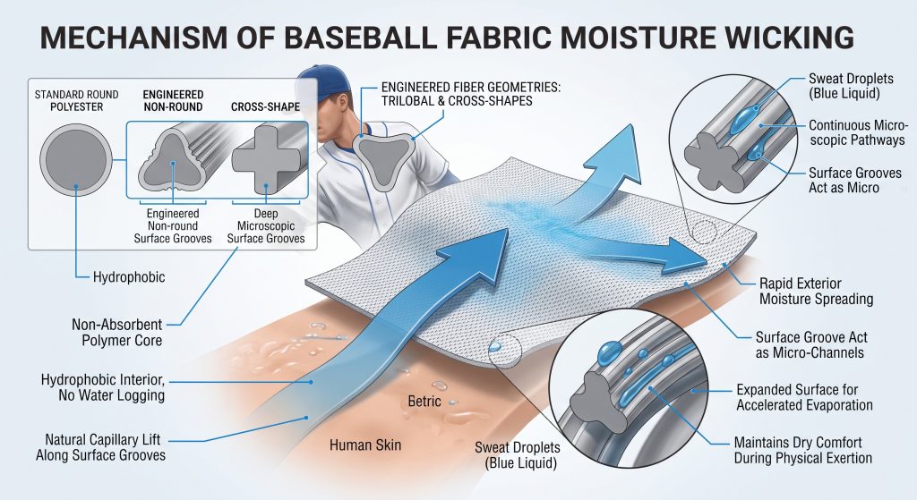 A scientific infographic illustrating how synthetic baseball fabric wicking uses modified non-round polyester fiber channels (trilobal and cross-shapes) to pull sweat away from skin and spread it rapidly for evaporation. A diagram callout shows hydrophobic cores prevent internal absorption, visualizing capillary forces along microscopic surface grooves.