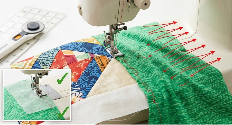 A technical comparison showing puckered seams when sewing unstabilized green stretch sports fabric for quilting versus a smooth flat finish achieved by using lightweight stabilizer tape.