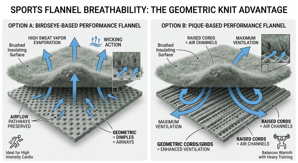 A technical diagram visualizing how sports flannel fabric achieves breathability. It features two panels showing cross-sections with napped surfaces over a Birdseye geometric dimple base and a Pique geometric cord base, illustrating airflow pathways through the fuzzy filaments for sweat evaporation and ventilation.