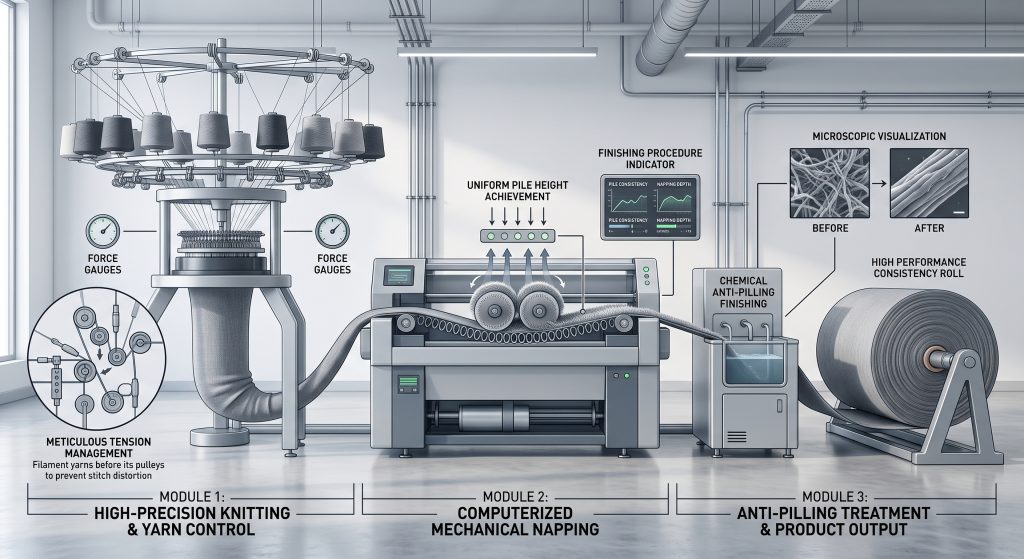 A laboratory-style logical visualization diagram illustrating the modern manufacturing of high-quality sports flannel fabric. It features three sequential modules: a precision circular knitting machine actively managi yarn tension; a sophisticated napping machine utilizing fine wire rollers to gently lift fibers; and a compact anti-pilling finishing unit. Clear labels and magnified insets show tension management, fiber structure, and uniform pile consistency, highlighting meticulous engineering without human figures.