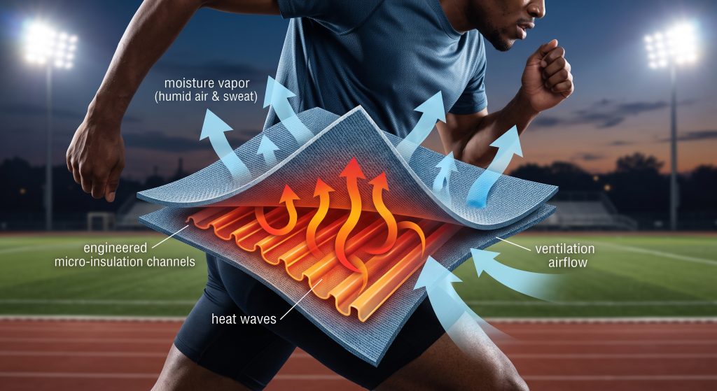 A conceptual infographic illustration demonstrating the thermal regulation of sports flannel fabric worn by an athlete during evening training under stadium lights. Red arrows visualize warm body heat being trapped within the fabric's micro-insulation channels, while blue arrows depict humid air and moisture vapor venting outward.