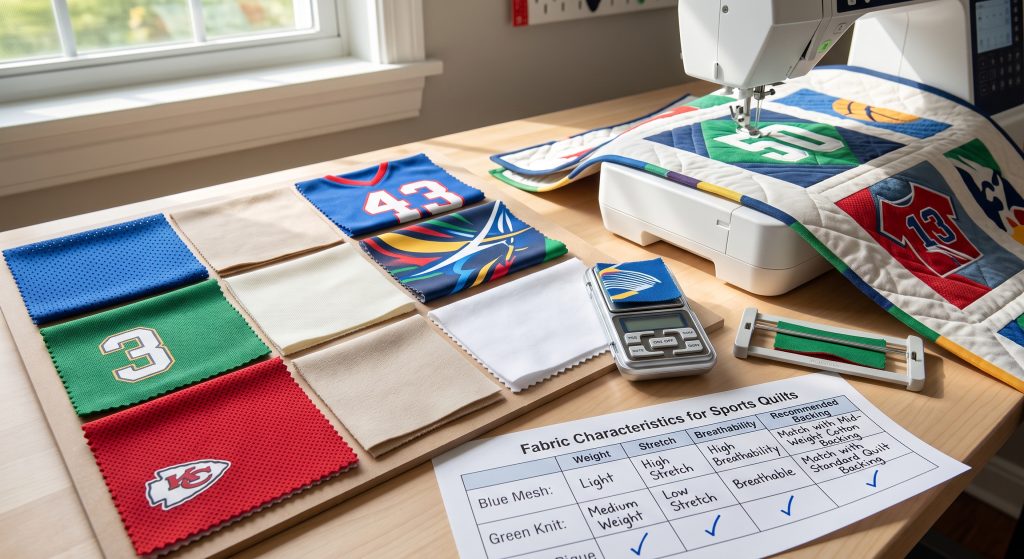 A close-up view of a quilter's workbench displaying various colorful performance knit jersey fabric swatches alongside compatible stable backing materials for a sports quilt. Labels and assessment tools are present, illustrating fabric characteristics like weight and stretch factor.