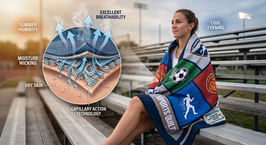 A dynamic photo capturing a female athlete comfortable on outdoor stadium bleachers, wrapped in a multi-sport jersey quilt. A detailed visualization near her skin shows intricate fiber channels labeled 'CAPILLARY ACTION TECHNOLOGY,' efficiently drawing perspiration (droplets) away from her skin, which moves up through the quilt layers and evaporates as vapor trails, labeled 'EXCELLENT BREATHABILITY.' Text labels like 'MOISTURE WICKING,' 'DRY SKIN,' 'SUMMER HUMIDITY,' and 'COOL EVENING' are integrated into the illustration. A subtle woven label on the quilt edge states 'ADVANCED MOISTURE WICKING FABRICS.'