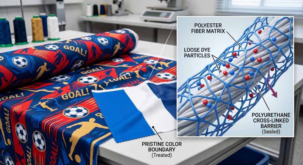 A macro photo showing the molecular cross-linking on synthetic fabric preventing color bleeding, featuring a blue and red soccer themed pattern.