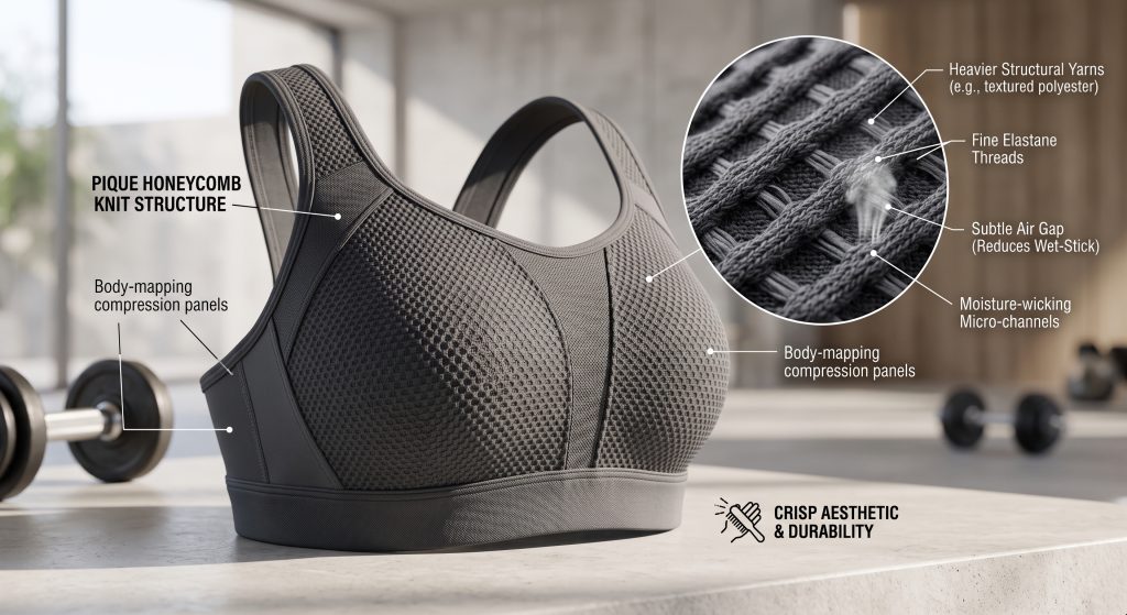 A detailed photorealistic photograph showing the charcoal gray pique sports bra wicking fabric used on the central panel of a supportive sports bra. Rake lighting highlights the distinct raised waffle honeycomb weave structure. An inset circle provides a super macro view of this knit, revealing the interplay of heavier structural yarns and fine elastane threads within microscopic channels. A subtle moisture plume evaporates, illustrating efficiency. The surrounding bra uses body-mapping compression panels with a firm underband, showcasing durability and crisp aesthetics in a modern gym environment.