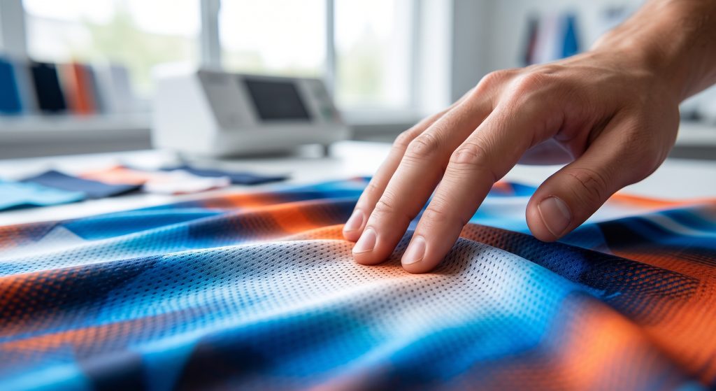 A photorealistic close-up of an athlete's fingertips gently touching a vibrant, sublimated birdseye sports print fabric, clearly showing the micro-mesh diamond knit pattern and soft, low-friction texture.